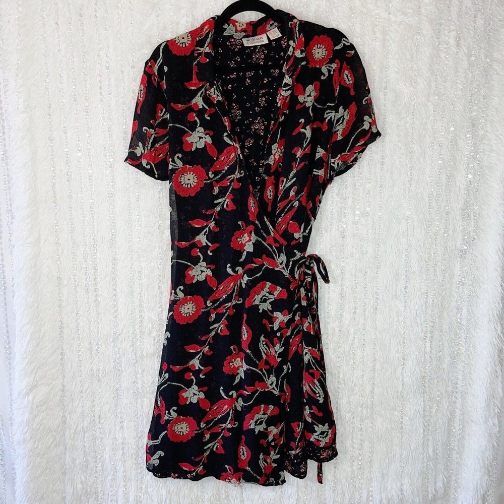 Style & Co Wrap Dress Size 14 Black Red Floral Contrast Lining Short Cap Sleeve